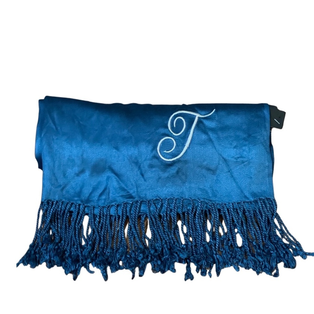 Cejon scarf wrap sapphire blue monogramed initial T tassels rayon long blanket